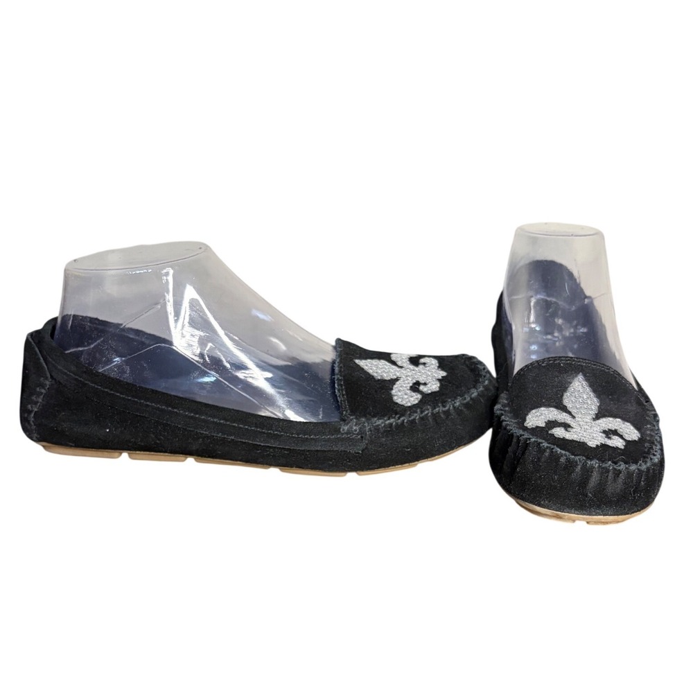 NWOB Kathy Van Zeeland Black Moccasin Sequin Fleur-de-lis‎ Women's Size 7.5M